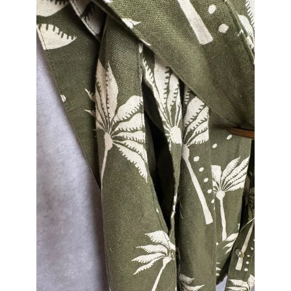 Tahari Olive Green Linen Blend Palm Tree Print Belted Shirt Dress Large NWT